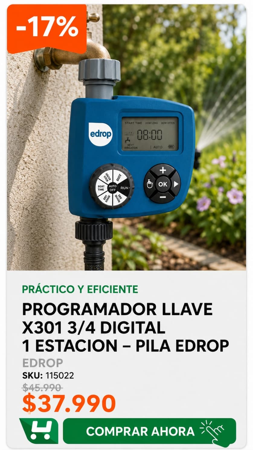 Programador Llave X301 3/4 Digital 1 Estacion " Pila Edrop · SKU 115022 · Programador digital a pila de 1 zona con entrada giratoria para revisarlo sin desmontar. · Homevan