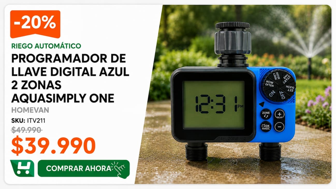 Programador de Llave Digital Azul 2 Zonas Aquasimply One Homevan · Programador digital de riego para 2 zonas · Homevan