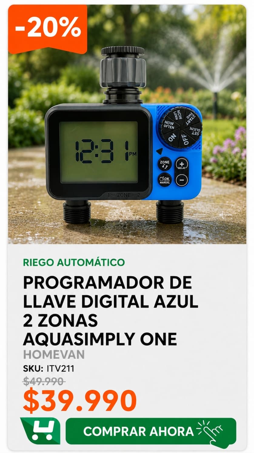 Programador de Llave Digital Azul 2 Zonas Aquasimply One Homevan · Programador digital de riego para 2 zonas · Homevan