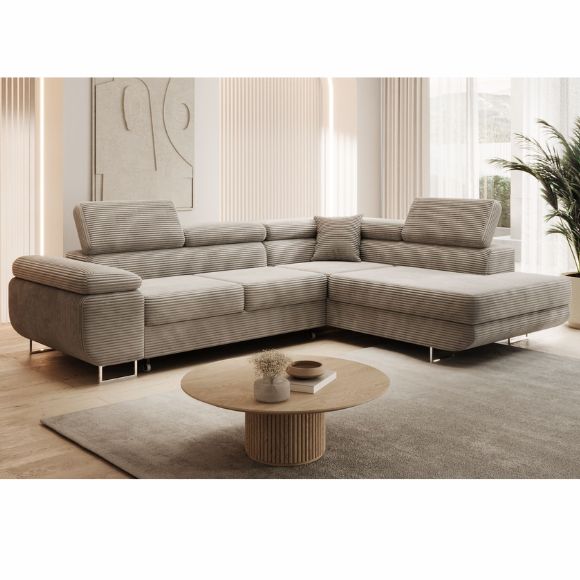 Eckcouch VANITY mit Schlaffunktion 275 cm verstellbare Kopfstützen gestreift haut