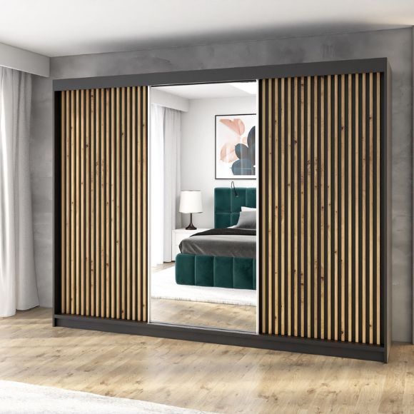 Schwebetürenschrank, 3-türig Schrank 200 cm mit 4 Schubladen, und 3D-Lamellen- FARA