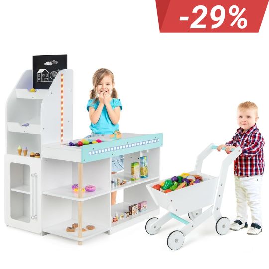 Kaufladen Kinder mit Einkaufswagen, Einkaufsladen Holz mit Kasse & 39 Zubehör & Tafel