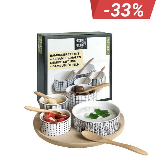 Moritz & Moritz Servier-Set Bambusbrett 4 Keramikschalen 4 Bambuslöffel