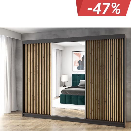 Schwebetürenschrank, 3-türig Schrank 200 cm mit 4 Schubladen, und 3D-Lamellen- FARA