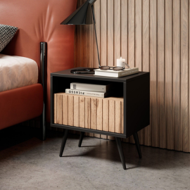 Selsey Bello - Nachttisch mit Schublade, Lamellenfront, Schwarz / Wotan Eiche