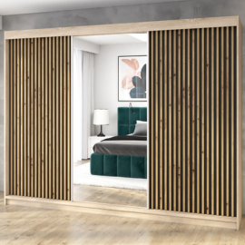 Schwebetürenschrank, 3-türig Schrank 200 cm mit 4 Schubladen, und 3D-Lamellen- FARA