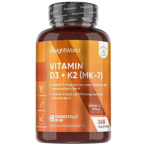 Vitamin D3 K2 2000 IE - 2 Jahr Vorrat - 365 Tabletten - Vegane Quelle (Flechten)