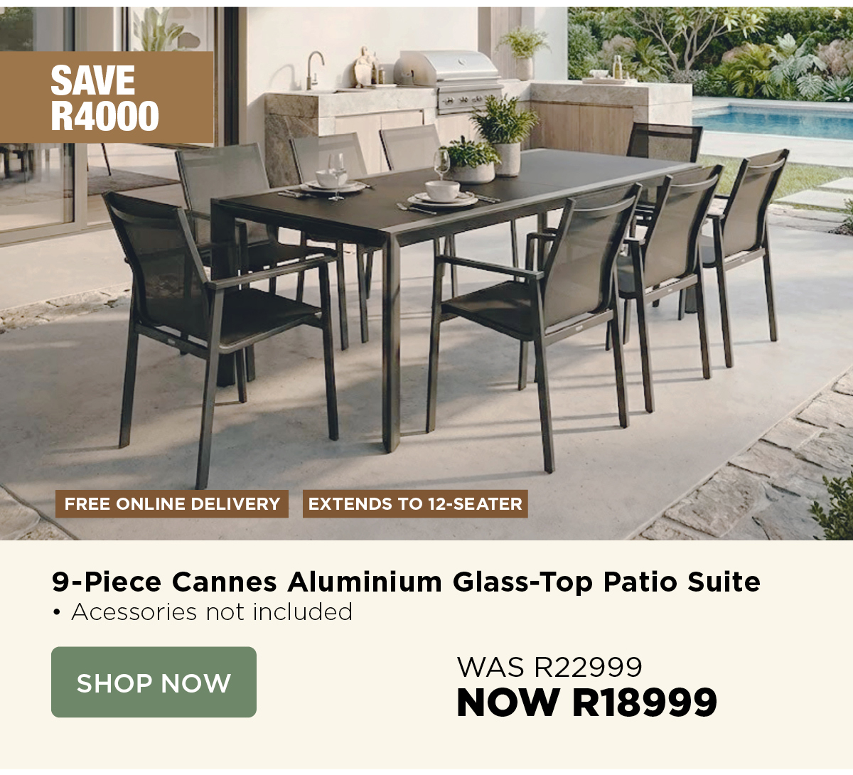 9-Piece Cannes Aluminium Glass-Top Patio Suite