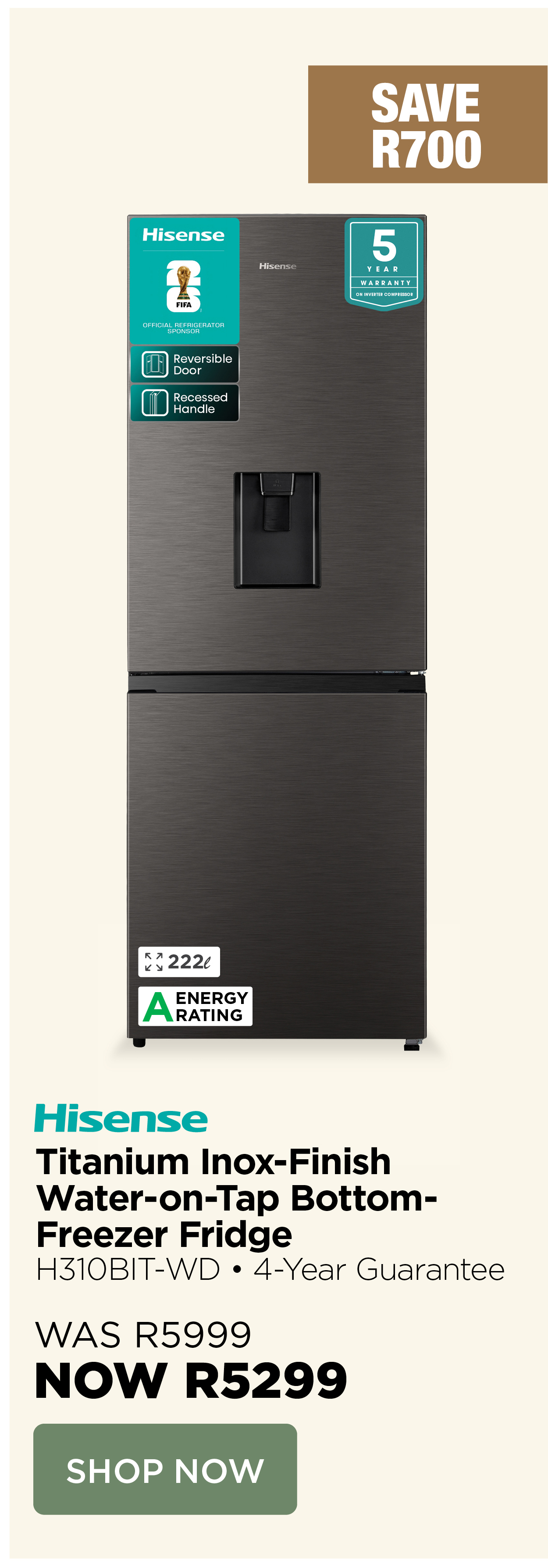 Hisense Water-on-tap Bottom-Freezer Fridge 