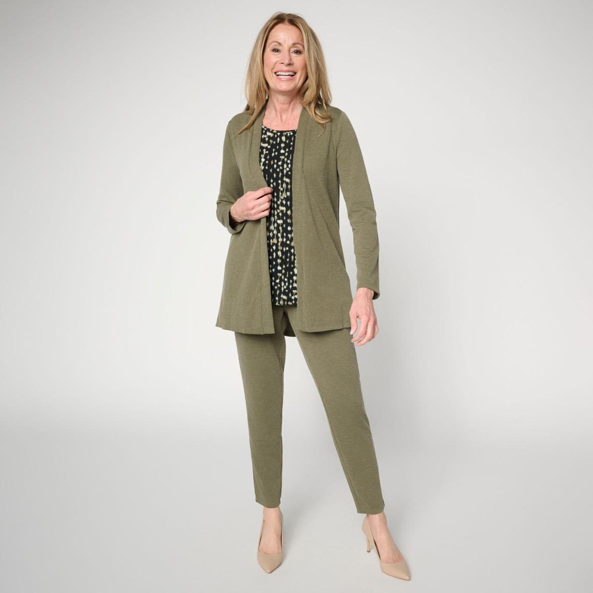Nina Leonard 3-piece Textured Knit Cardigan, Tank & Pant Set