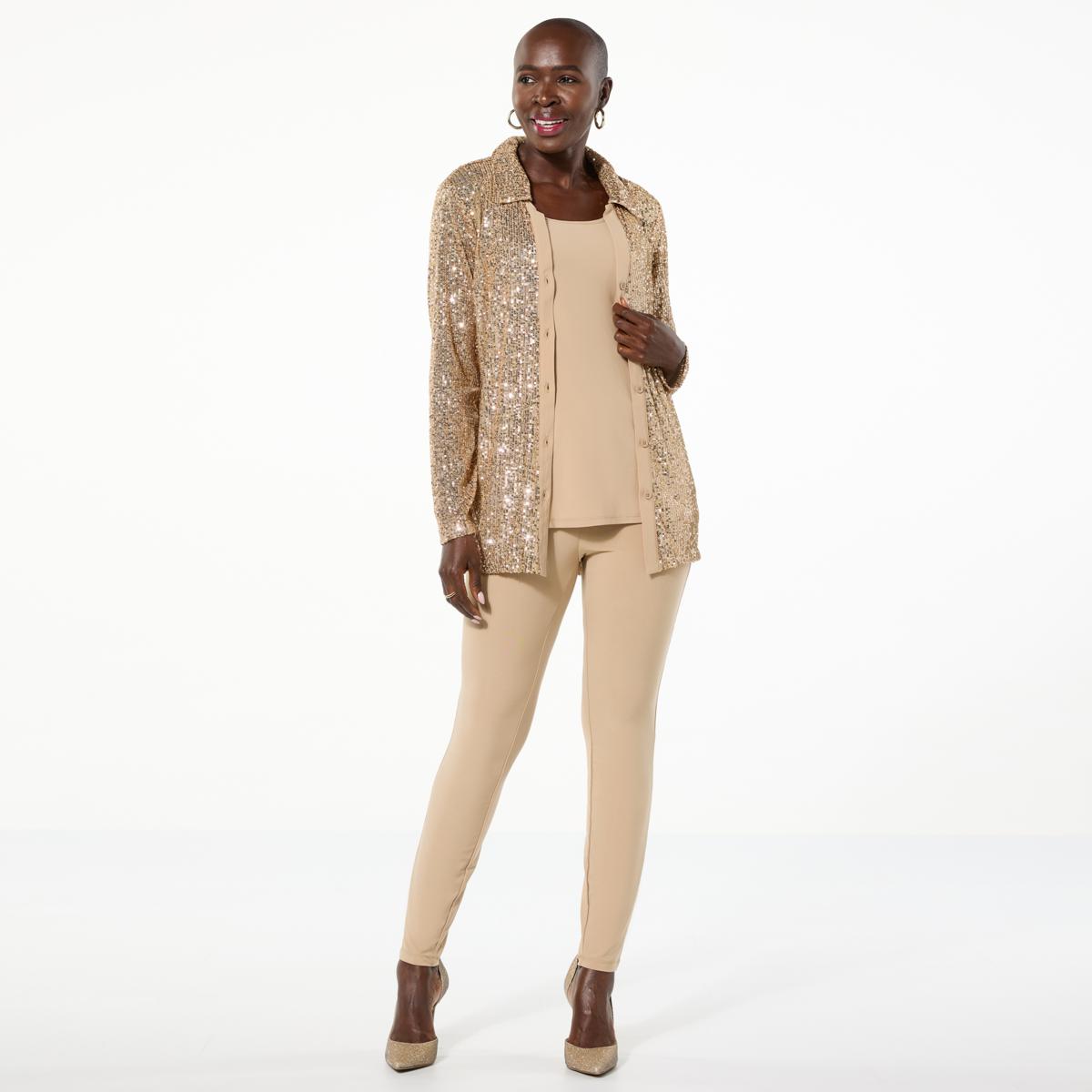 Nina Leonard 3-piece Sequined Button-Front Top, Tank and Pant Set