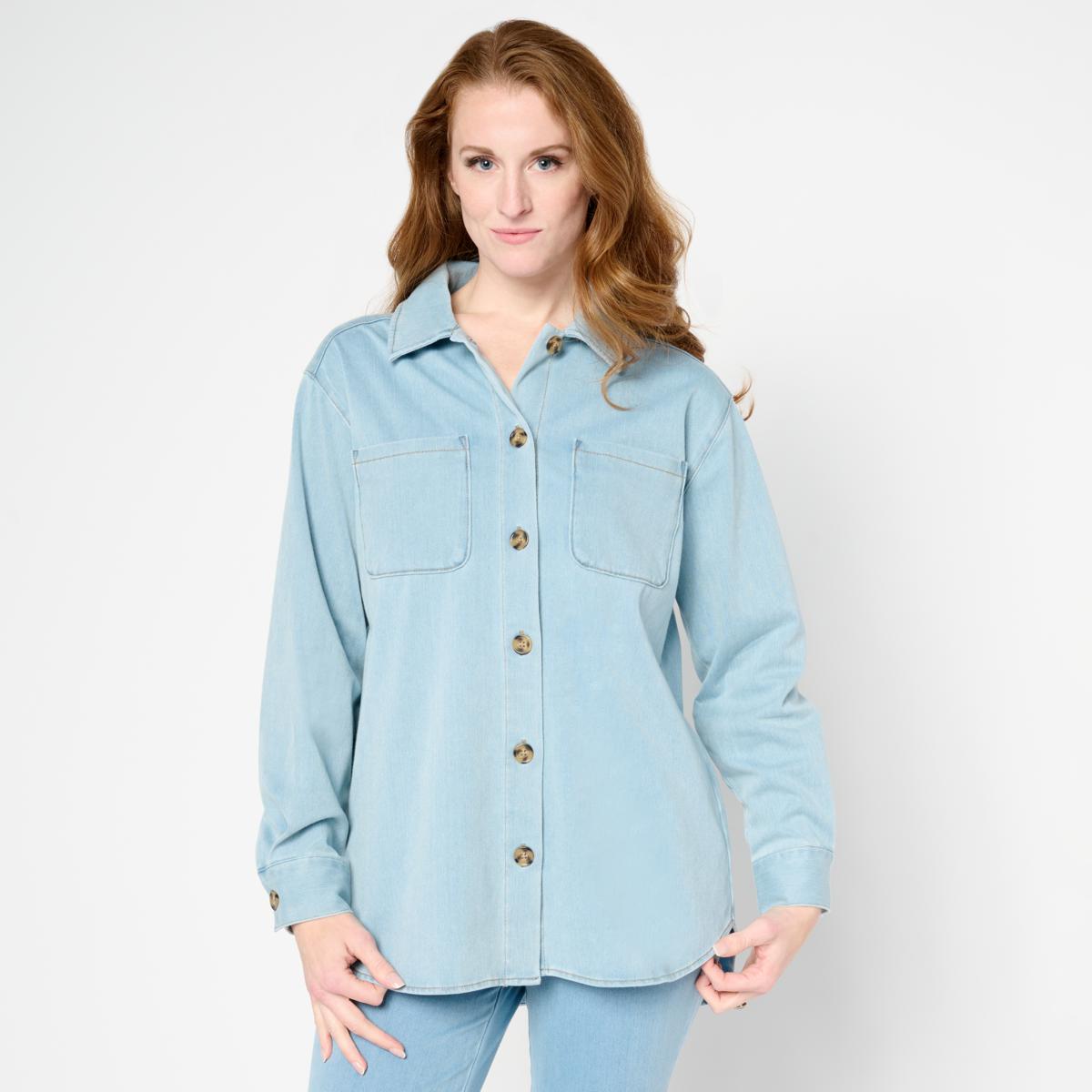 Nina Leonard Stretch Knit Denim Collared Shirt