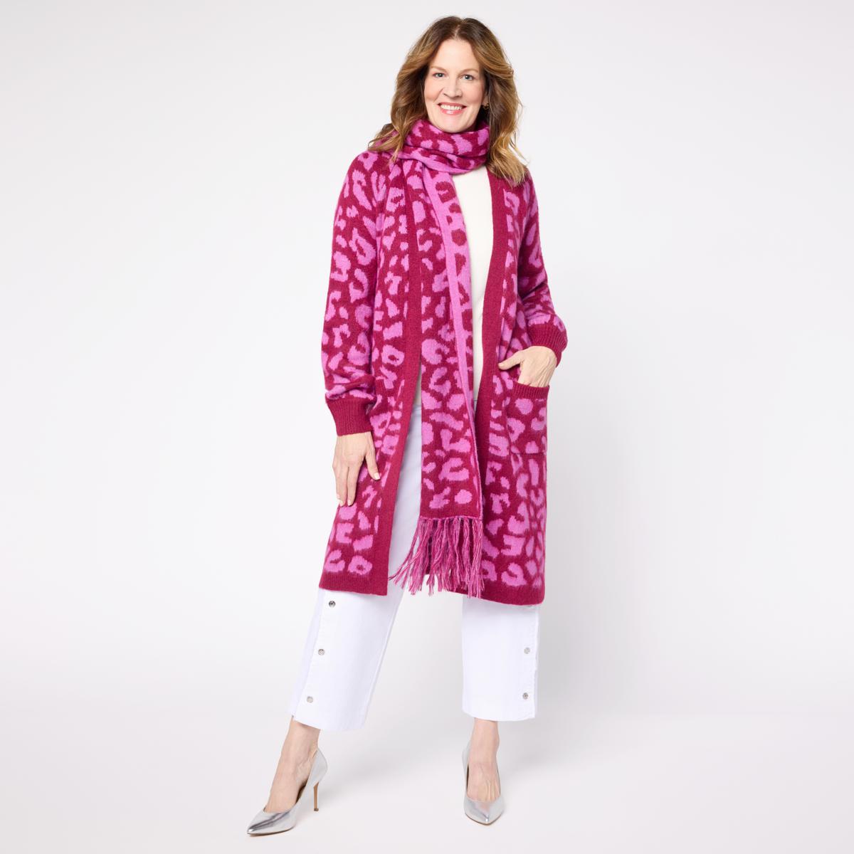 C Wonder Jacquard Knit Coatigan Topper with Scarf