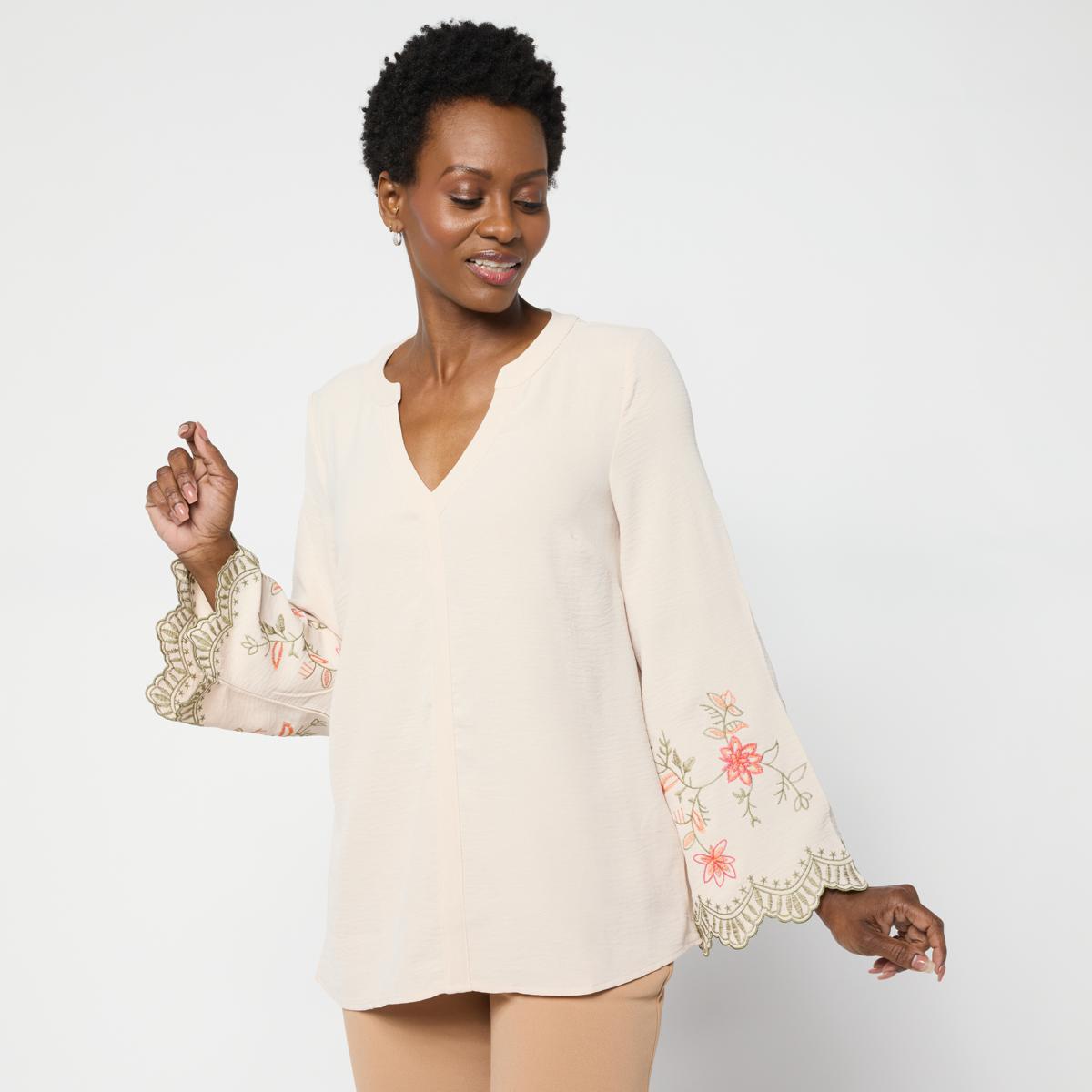 Nina Leonard Textured Wave Knit Embroidered Bell-Sleeve Top