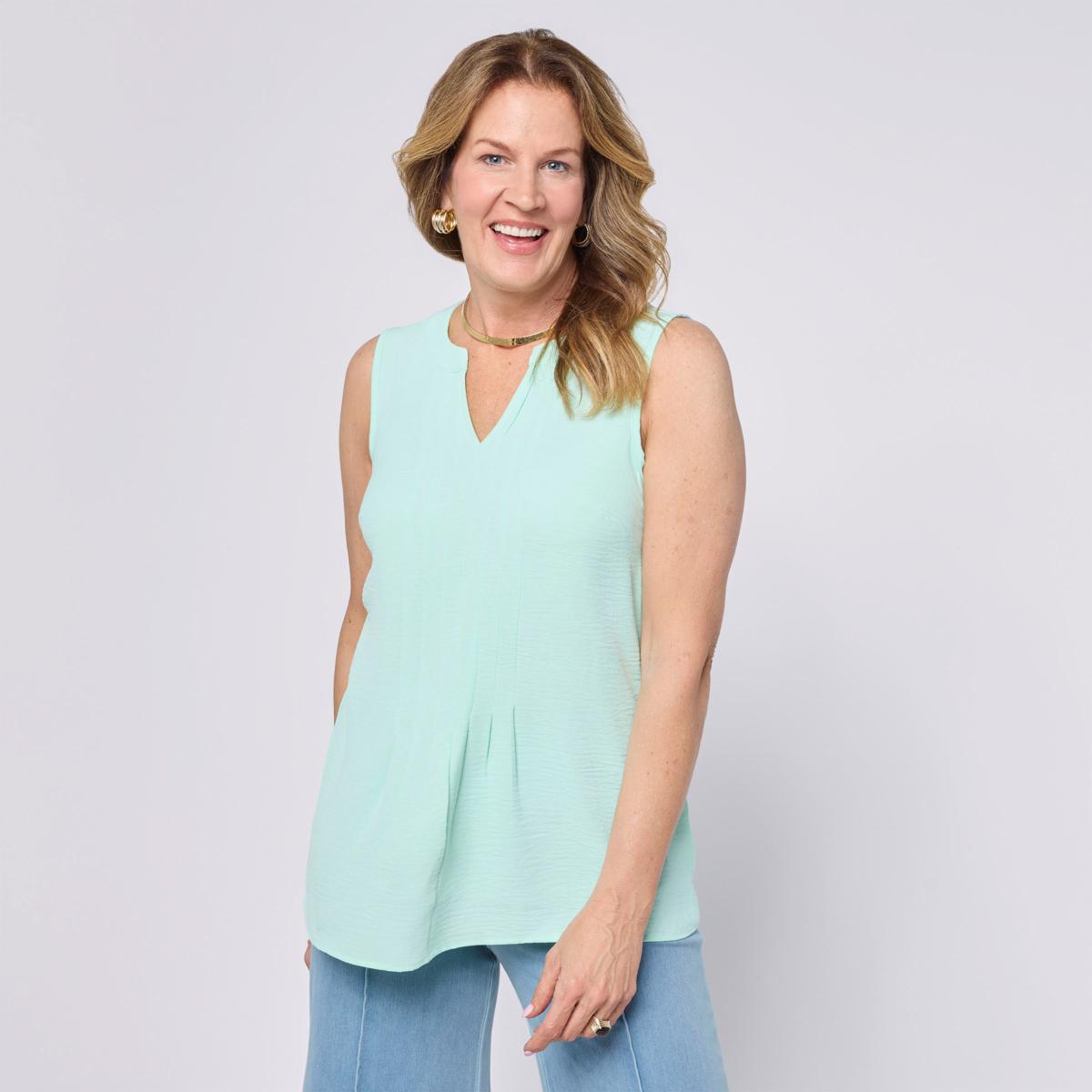 Nina Leonard Notch Neck Pleat Front Tank