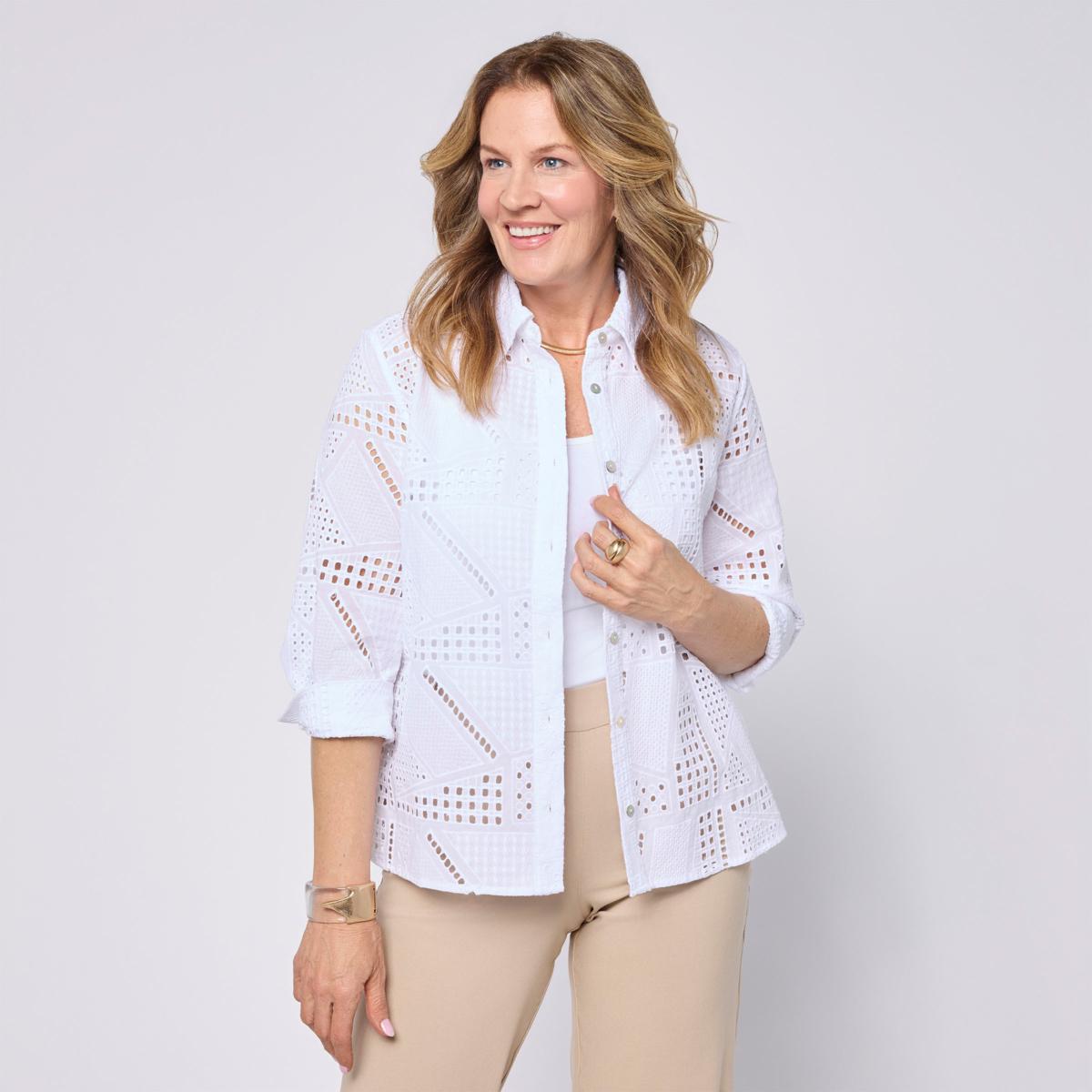 WynneCollection 3/4-Sleeve Pointelle Patchwork Shirt