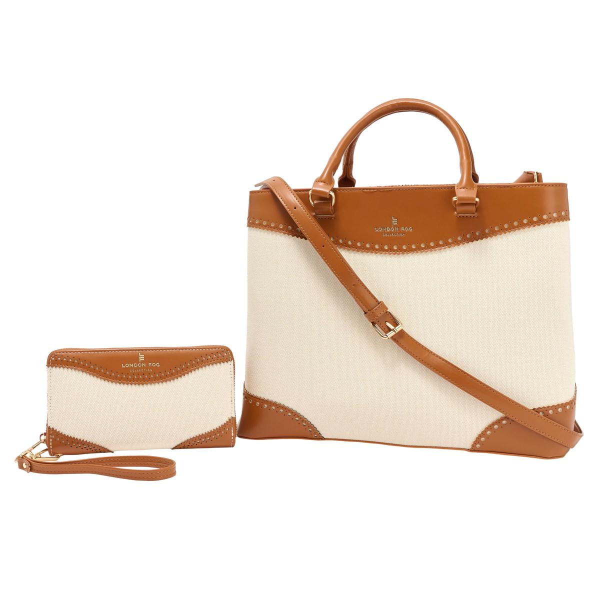 London Fog Oversized Canvas Satchel and Wallet Set
