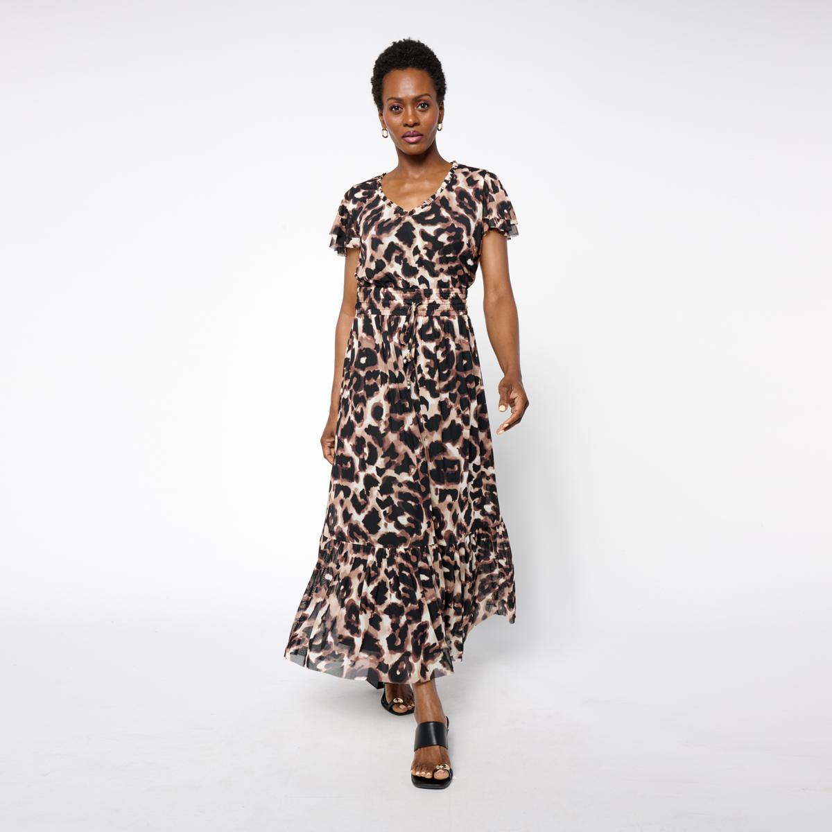 C Wonder Mesh Printed Flutter Sleeve Tiered Dress