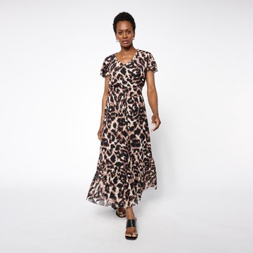 C Wonder Mesh Printed Flutter Sleeve Tiered Dress