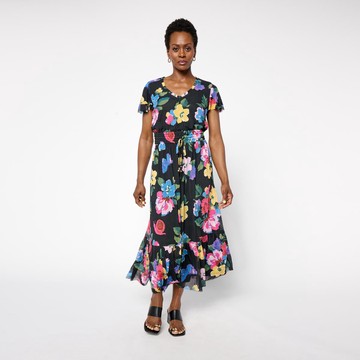 C Wonder Mesh Printed Flutter Sleeve Tiered Dress