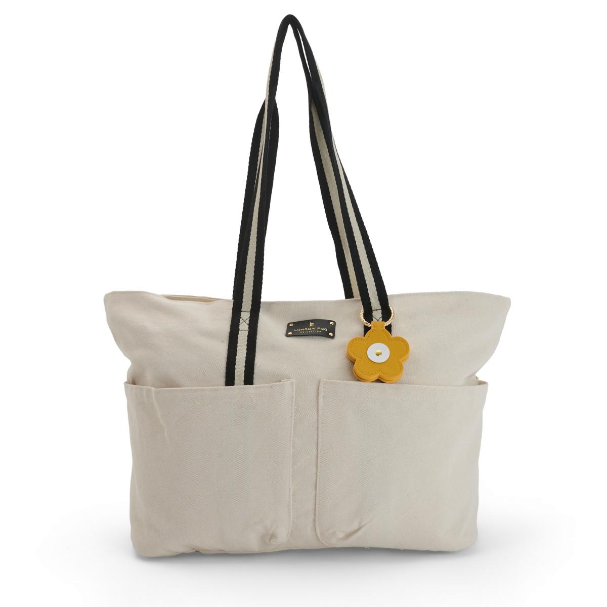 London Fog Multi-Pocket Canvas Tote with Flower Charm