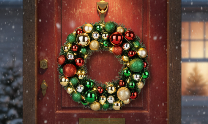 Image of Tinsel Christmas Wreath With Baubles (33cm)