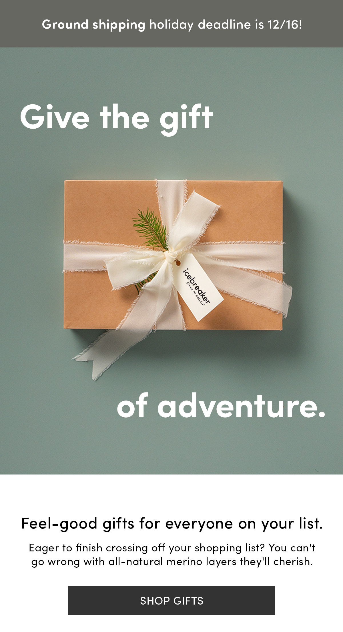 Ground shipping holiday deadline is 12/16. Give the gift of adventure. Feel-good gifts for everyone on your list. Eager to finish crossing off your shopping list? You can't go wrong with all-natural merino layers they'll cherish. Shop Gifts.