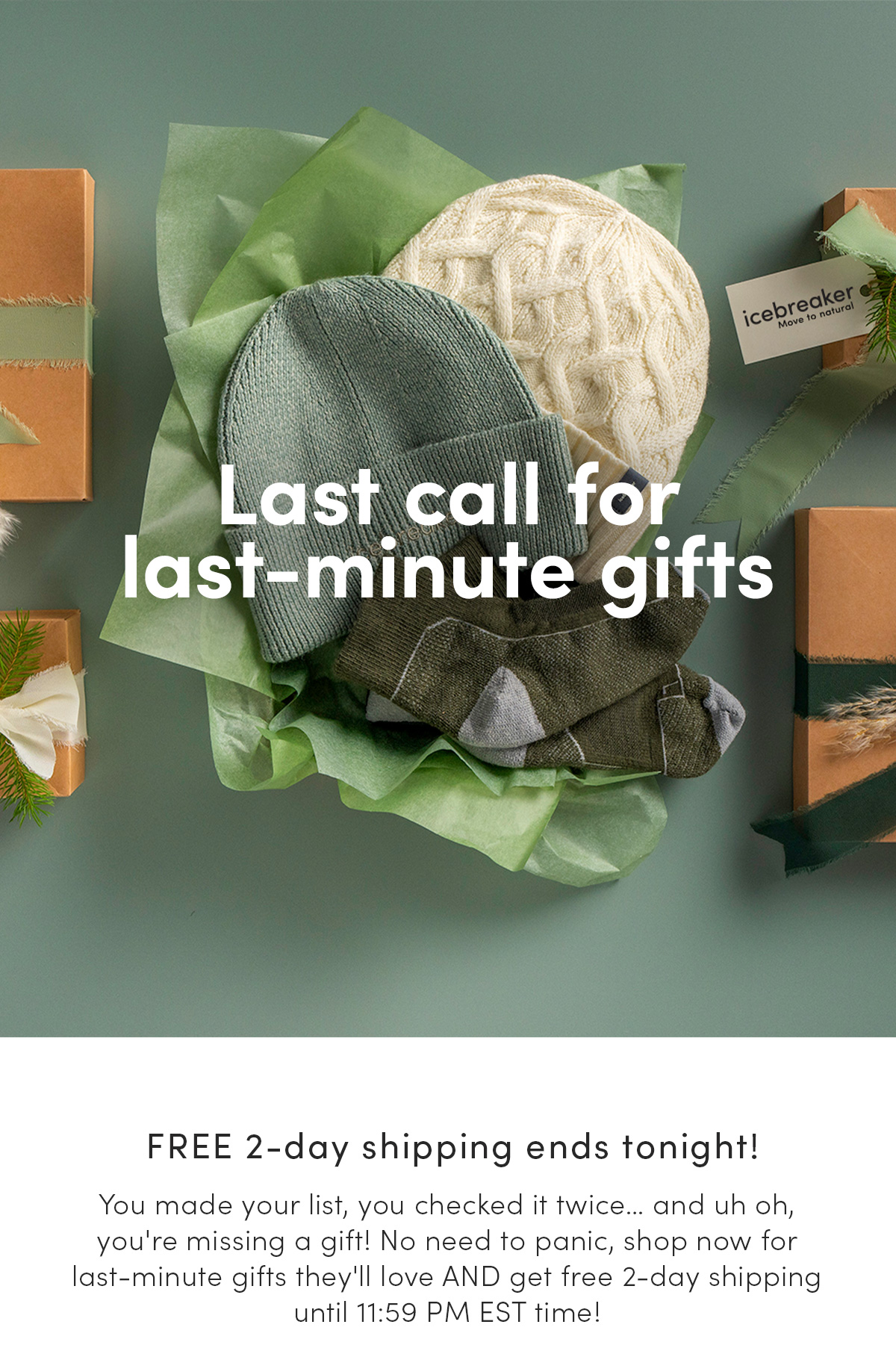 Last call for last-minute gifts. FREE 2-day shipping ends tonight! You made your list, you checked it twice… and uh oh, you're missing a gift! No need to panic, shop now for last-minute gifts they'll love AND get free 2-day shipping until 11:59 PM EST time!