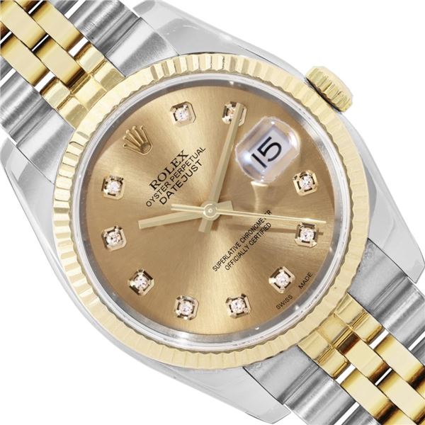 Rolex Mens Two Tone Sapphire Quickset Champagne Diamond Dial Datejust With Rolex