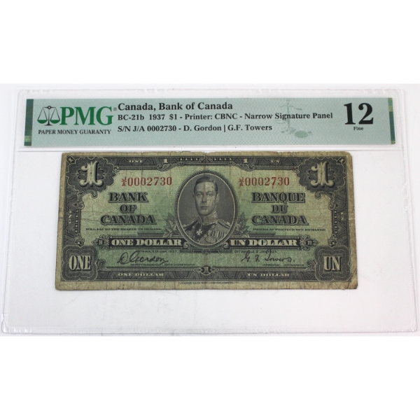 BC-21b 1937 $1 PMG F12 Gordon-Towers SCARCE Narrow Panel SN: J/A0002730 *Only 48 Notes Known!*