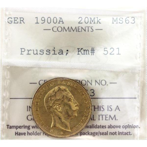 German States-Prussia Gold 1900-A 20 Mark ICCS MS63 KM-521