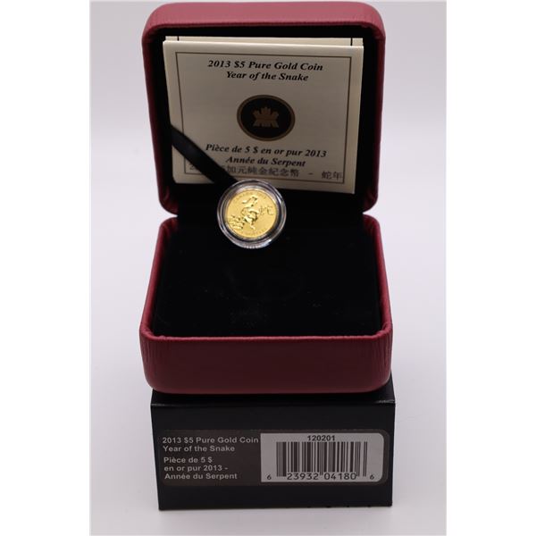 2013 $5 1/10 Fine Gold Coin. Year of the Snake  (tax exempt)