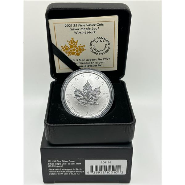 2021 $5 Fine Silver Coin Silver Maple Leaf: W Mint mark (tax exempt)