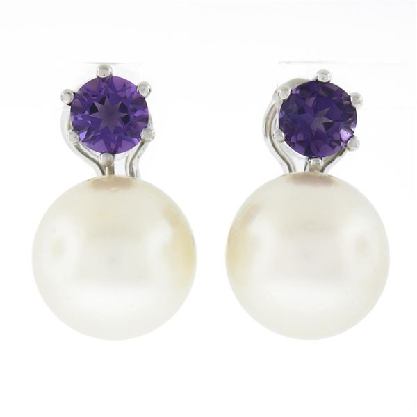 Vintage 18k White Gold Large 14mm White Pearl Round Amethyst Drop Omega Earrings