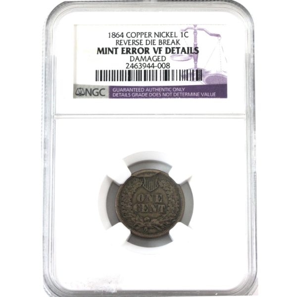 ERROR USA 1864 Indian Head Cent Reverse Die Break NGC VF Details (Damaged)