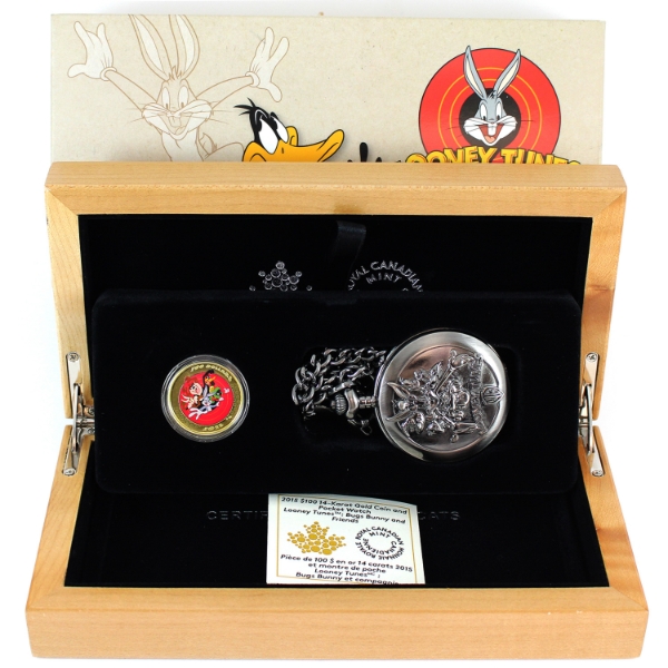 2015 Gold $100 Looney Tunes - Bugs Bunny and Friends 14K Gold Coin with Pocket Watch