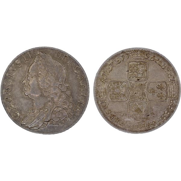 GREAT BRITAIN: George II, 1727-1760, AR shilling, 1758, ICG MS63