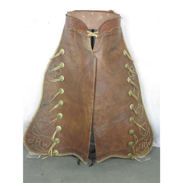 Unmarked Studded Card Suit Batwing Chaps- Buckstitched Leaf Tooled Belt- Inside Pockets- 18 2