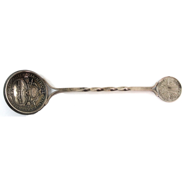 Sterling Silver Spoon Featuring Two Australian Coins on Either End - a 1927 Florin & 1948 3 Pence