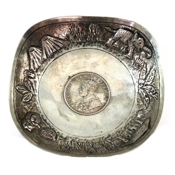 Unique Small Sterling Silver Bowl from India with 1918 1 Rupee Silver Coin Inlaid at the Bottom