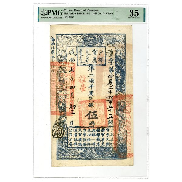 China. Board of Revenue, 1857 (Yr. 7) 5 Taels. Pick A118e, S/M#H176-4. PMG Choice Very Fine 35