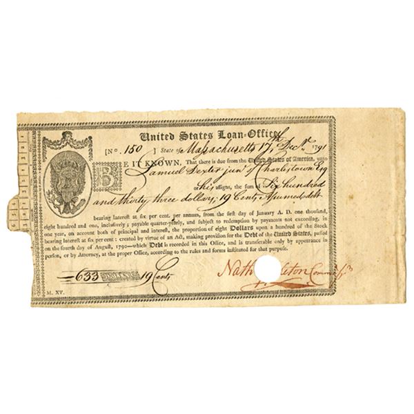MA. United States Loan Office Certificate, State of Massachusetts, 1791, I/C Registered Bond Signed 
