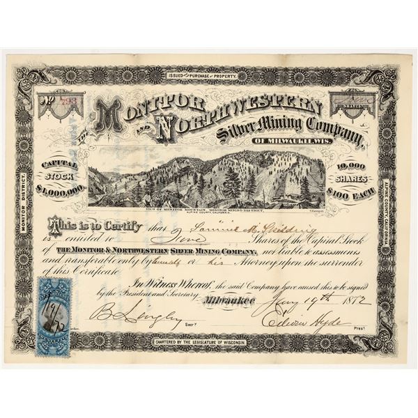 Monitor & Northwestern Silver Mining Co. Stock Certificate, Silver Mountain, CA 1872 [195884]