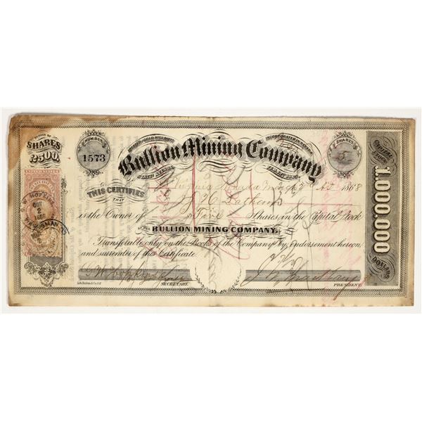 Bullion Mining Company Stock Certificate Signed by John W. Mackay, 1868 [195880]