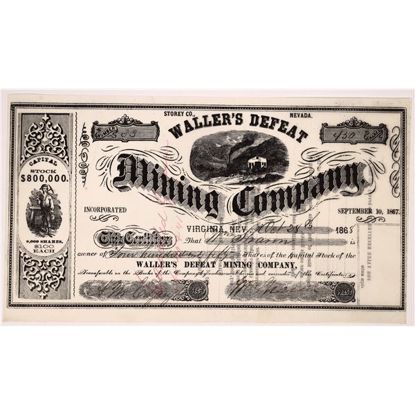 Waller's Defeat Mining Company Stock, signed by Wm. Sharon  1867 [163600]