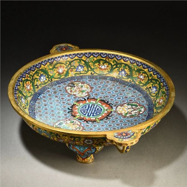 Qianlong Marked Gilt Bronze Cloisonné Enamel Tripod Dish