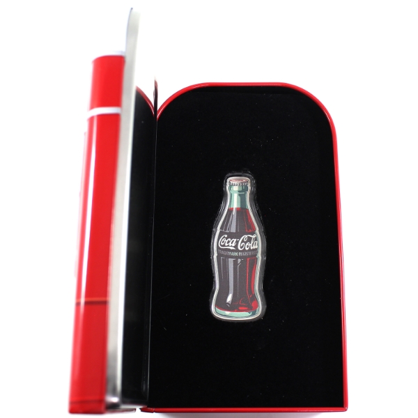1oz Coca-Cola .999 Fine Silver Colorized Shaped Coca-Cola Bottle in Vintage Vending Machine Tin