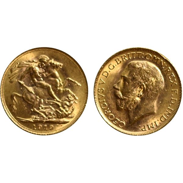 Australia; 1919-P Gold Sovereign Uncirculated or better.  A lustrous issue.