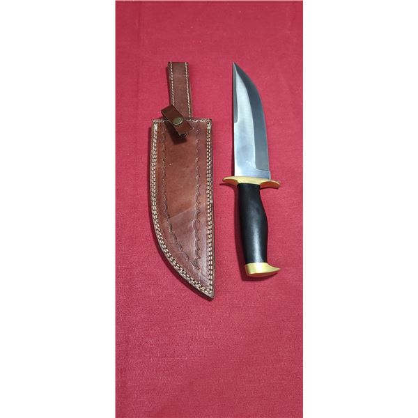 ASH 440C STEEL HUNTING BOWIE - CUSTOM MADE - BRASS GAURDS AND LEATHER SHEATH