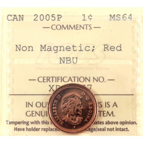 1-cent 2005P Non Magnetic NBU ICCS MS64 Red. Scarce!